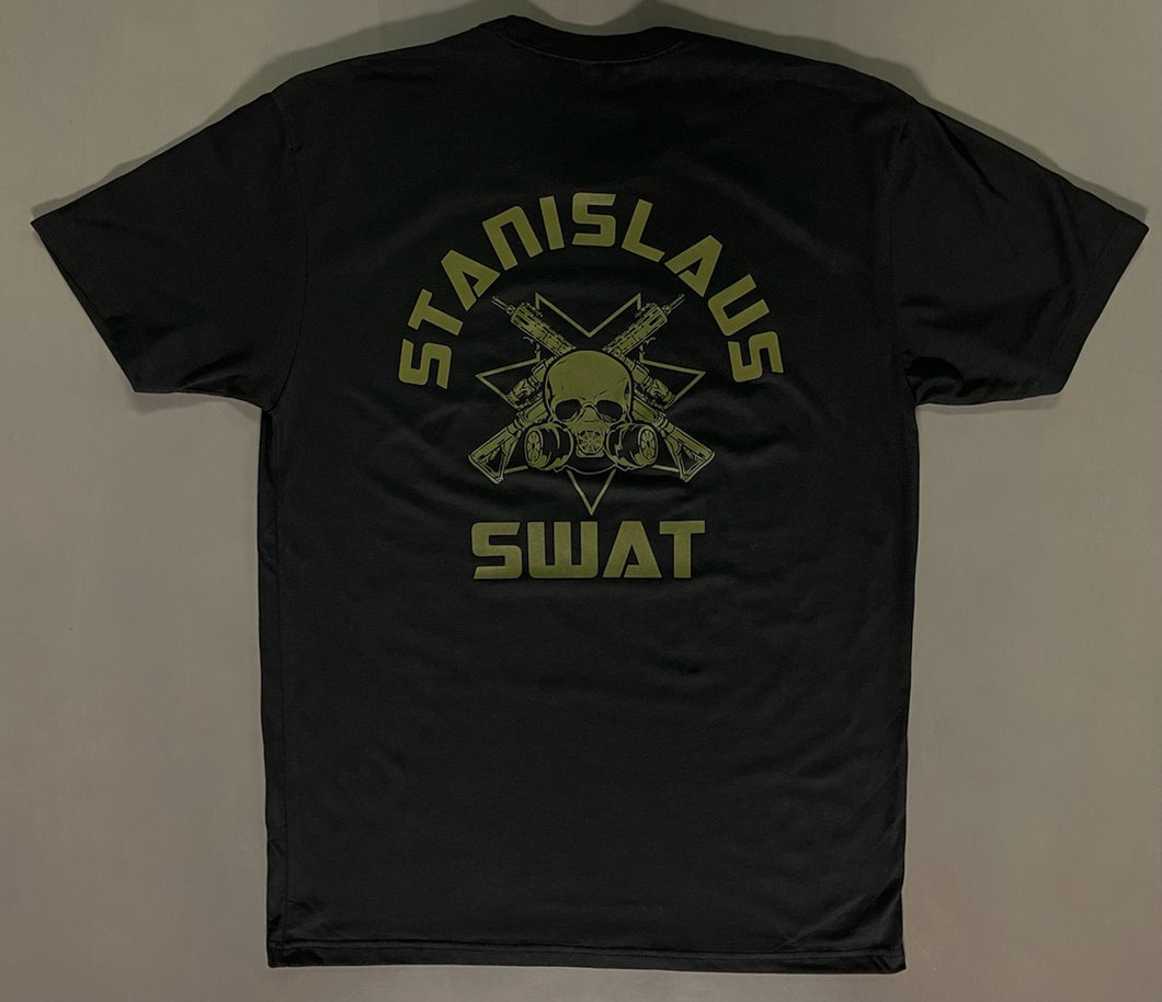 Green, Black and Heather Gray short sleeve t-shirt's with skull & rifle logo