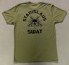 Load image into Gallery viewer, Green, Black and Heather Gray short sleeve t-shirt&#39;s with skull &amp; rifle logo
